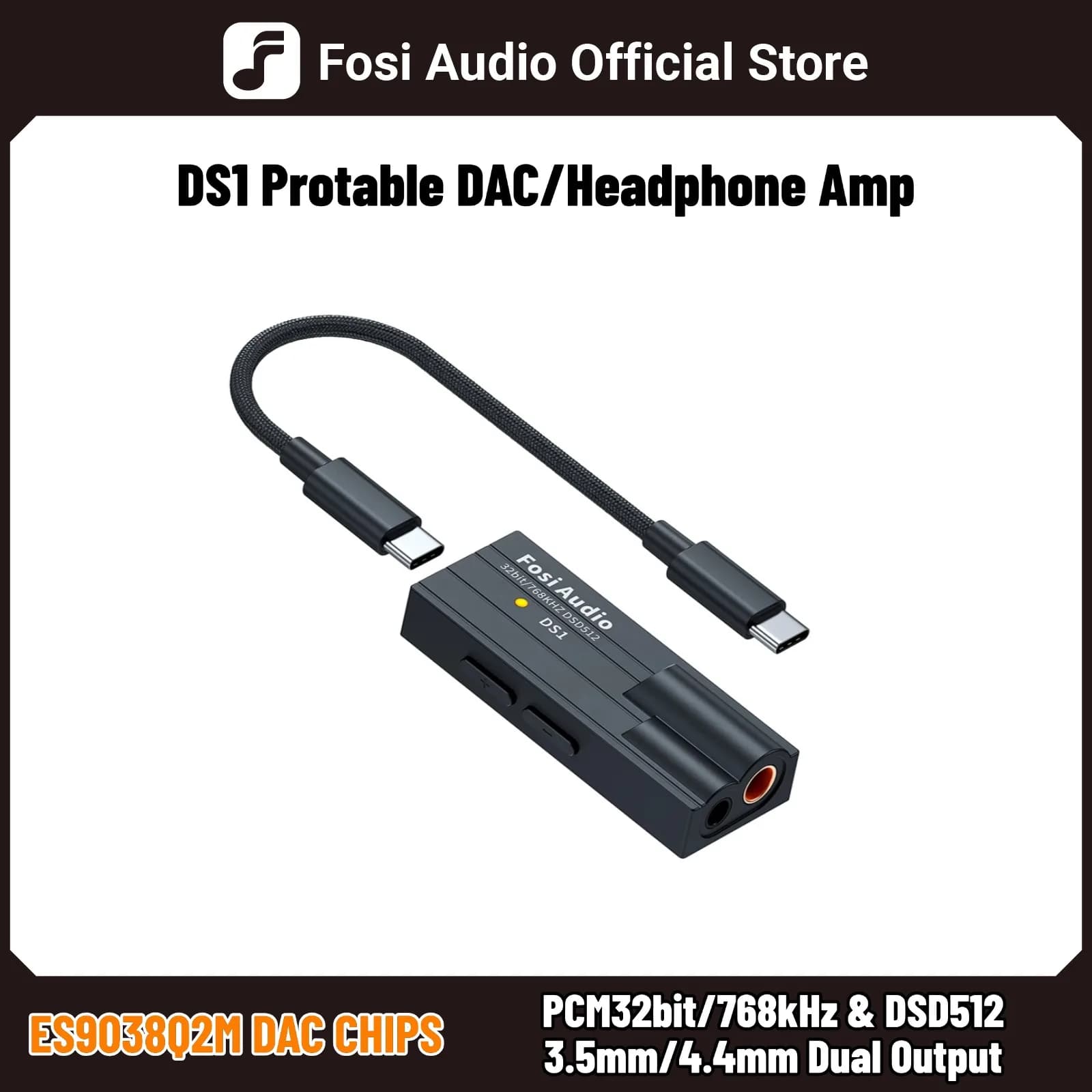 Fosi Audio DS1 DSD512 HiFi USB DAC Dongle Headphone Amplifier Amp Mini Audio Decoder Support 32bit/768kHz with 4.4MM Balanced image