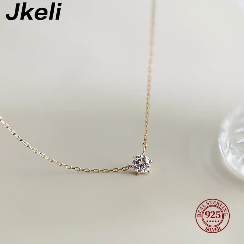 Jkeli 925 Sterling Silver 18k Gold Plated Necklace Single Sparkling Zircon Clavicle Chain for Women Wedding Jewelry collares image