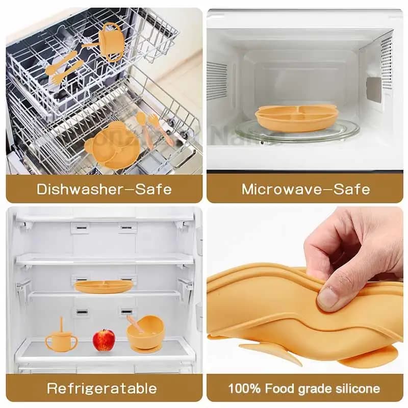 Baby Feeding Plate Sets Suction Bowl Silicone Plate For Kids 6Pcs Children Tableware Personalized Name Dinner Dishes Cups Spoon image