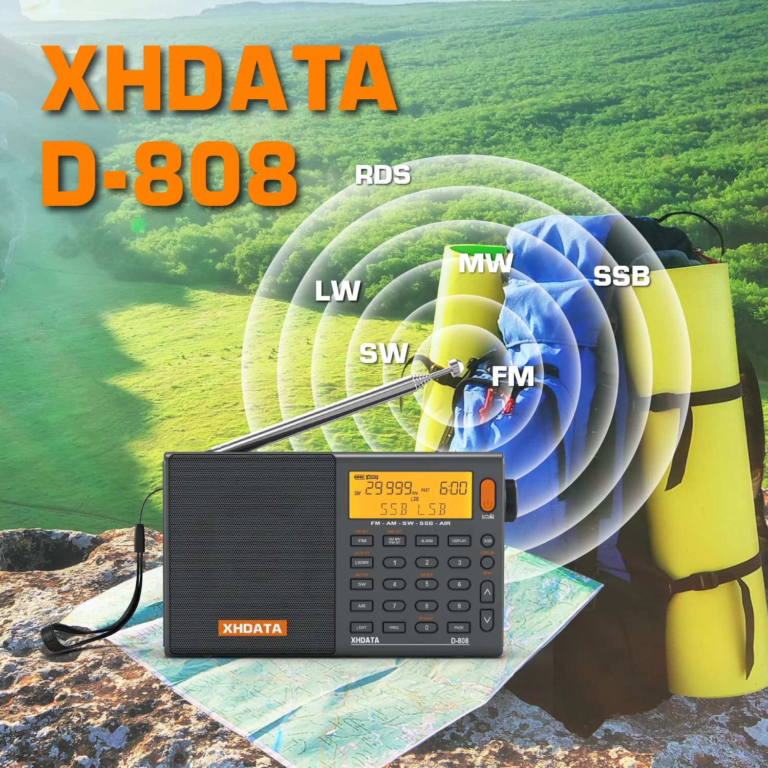XHDATA D-808 Portable Radio AM/FM/SW/MW/LW SSB AIR RDS Radio Speaker with LCD Display Alarm Clock Stereo Radio D808 image