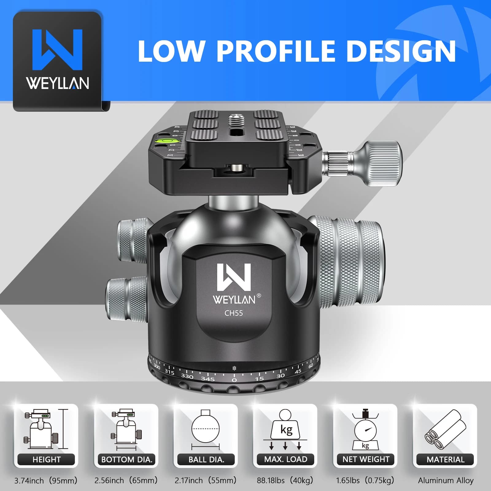 Tripod Head 55mm Aluminum 360° Panoramic 1/4 Tripod Ball Head Mount Arca Swiss Quick Release Plate Camera Momopod Video Ballhead image