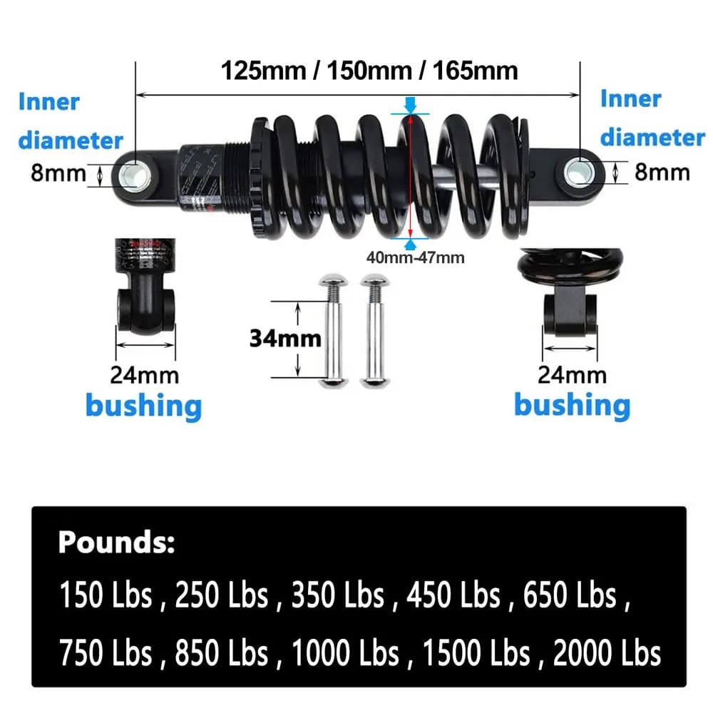 AttLvTu-Bike Rear Shock Absorber, Spring, MTB, 125mm, 150mm, 165mm, GS-121A, 100 to 2000 lbs, Suspension Damper image