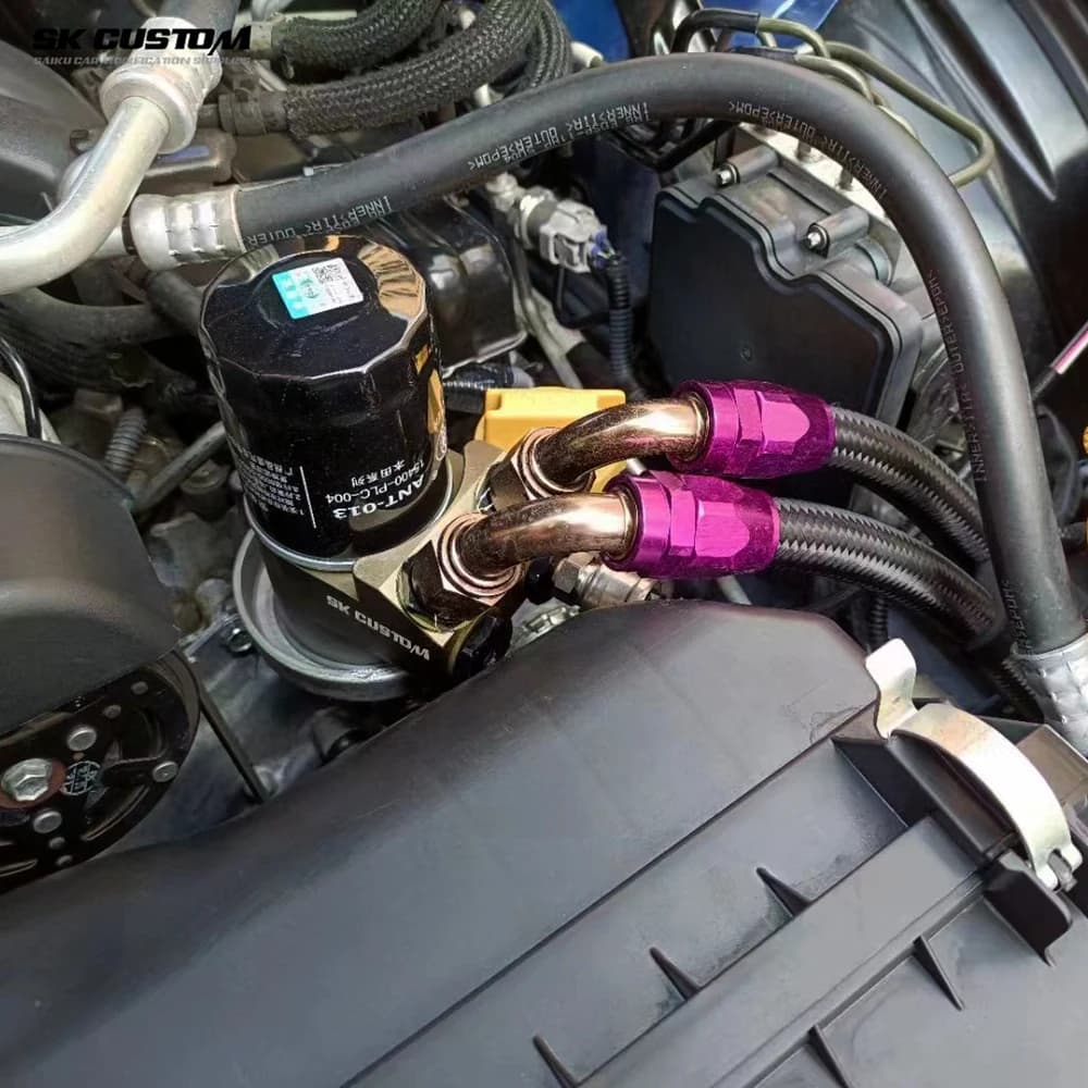SK CUSTOM Engine Radiator Adapter Oil Cooler Filter Sandwich Plate Thermostat Adaptor BRZ GT86 AN8 AN10 Aluminum Alloy CNC image